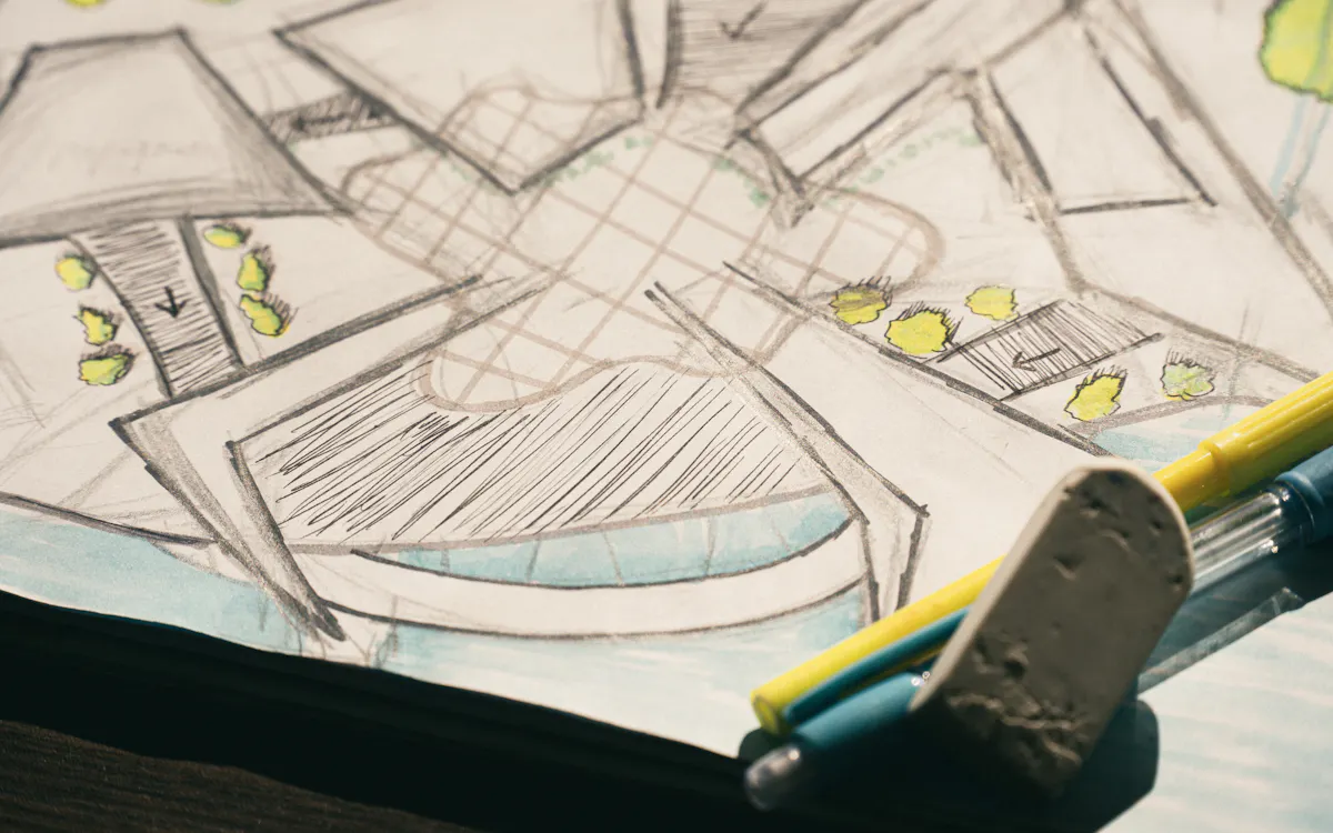 A pencil sketch of a site layout with hatched areas and small yellow trees, with two markers and an eraser resting on the paper